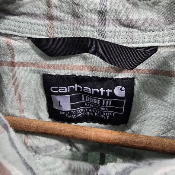 Carhartt Shirt Mens Large Green Short Sleeve Button Up Plaid Collared Loose Fit - Picture 3 of 11